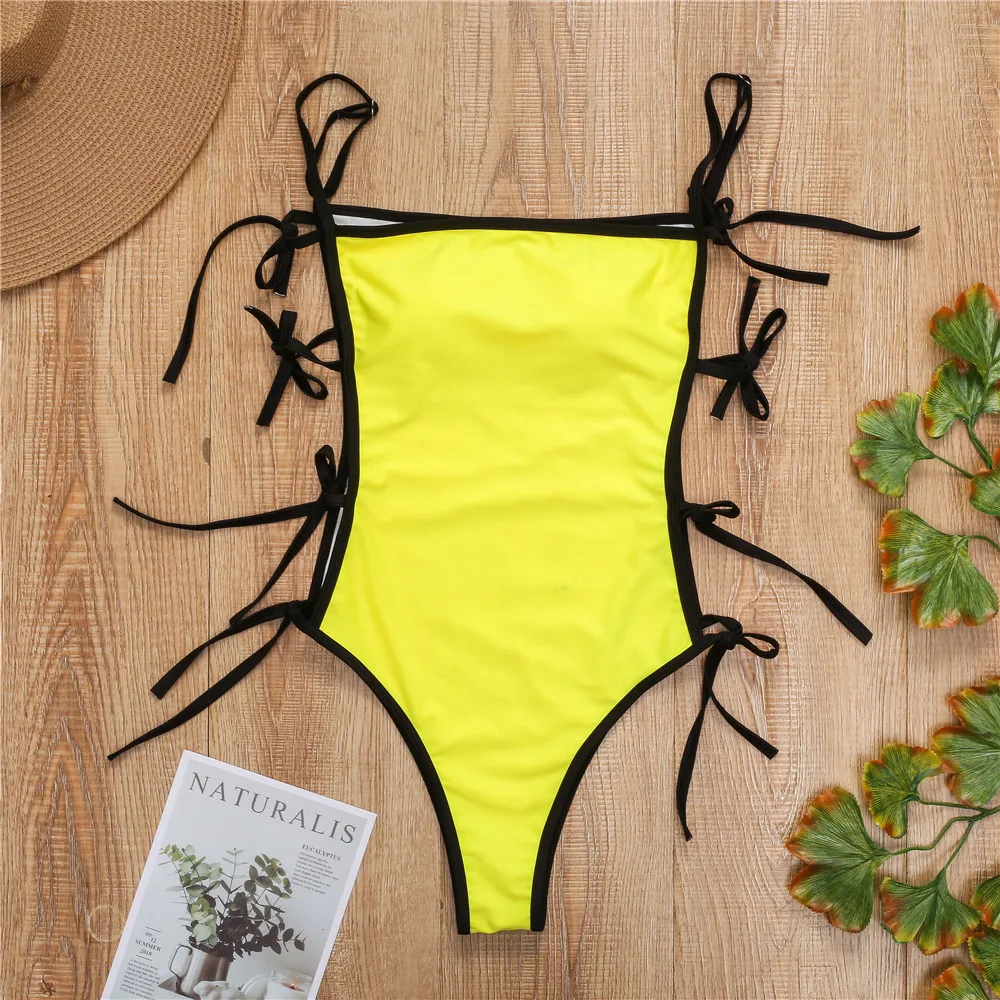 

Sexy Swimwear Women Neon Yellow One Piece Swimsuit Halter Cross Push Up Padded Bandage Bathing Suit Monokini Trajes De Bano