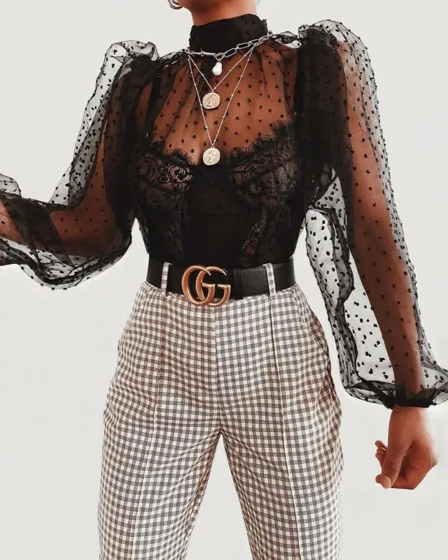 See-through Women Mesh Sheer Blouse Top Shirts Transparent Lace Puff Sleeve Tops Polka Dot Summer Casual Blouses Female Cover Up