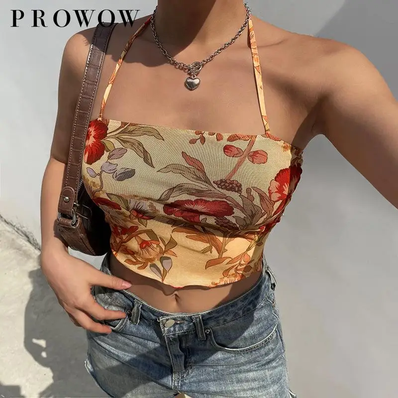 

Prowow 2021 Dress Sexy Slim Cross-hung Floral Printed Gauze Jacket Neckline Halter Camisole Women's Clothing