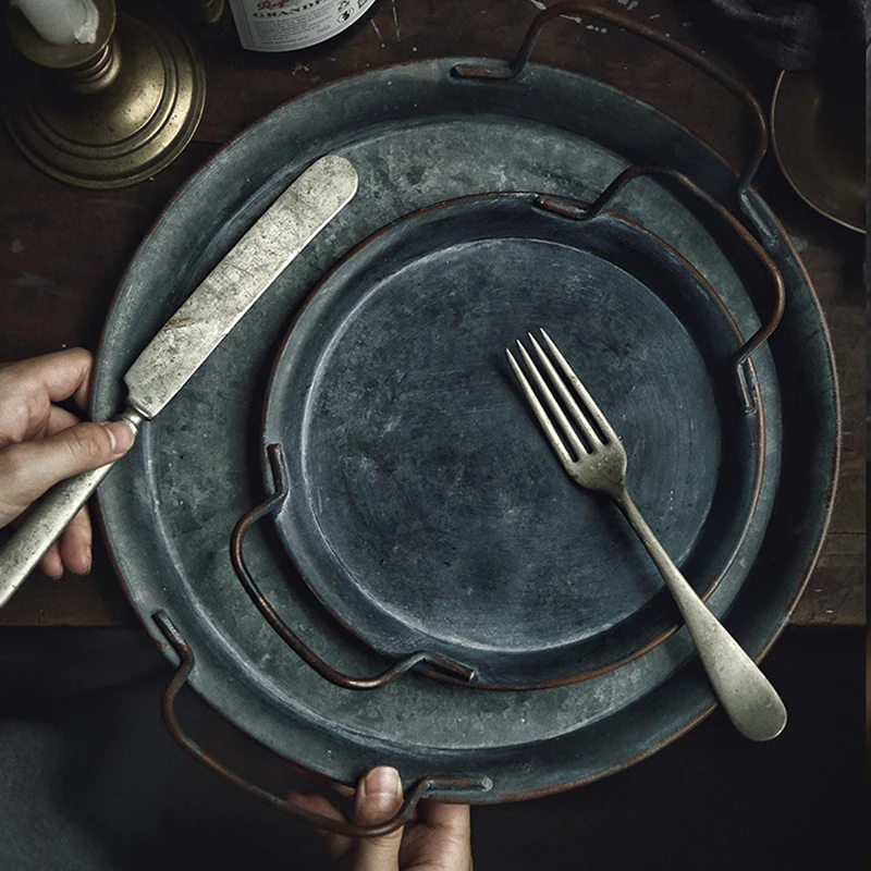 Металлический поднос с ручками для украшения хлеба в стиле ретро десерта ручной