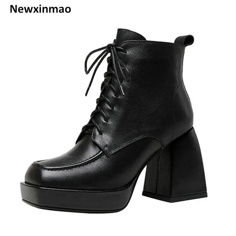 

2021 New Fashion Sexy Women Ankle Boots Side Zipper Genuine Leather Cross-Tied Autumn Winter Shoes Woman Thick Heels