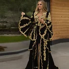 Черное выпускное платье А-силуэта с V-образным вырезом и длинными рукавами, Марокканское кафтан, вечернее платье с золотой аппликацией, Дубай, Саудовская Аравия, длинное выпускное платье