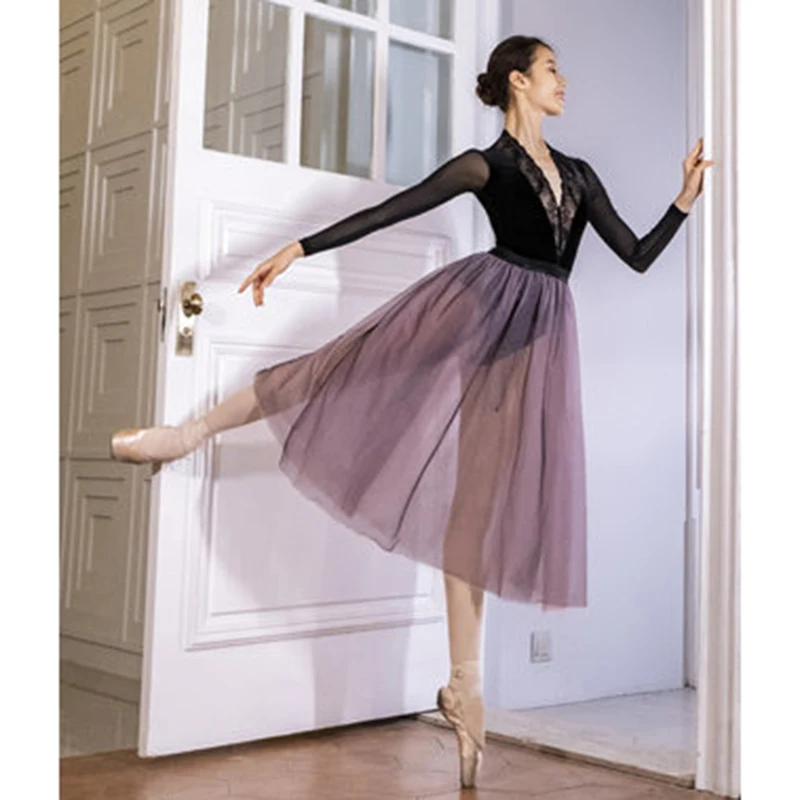 

Adult Velcro Back Autumn/winter Velvet Ballerina Dance Bodysuit Ballet Leotards for Women Sexy V-neck Lace Long Sleeve Leotards