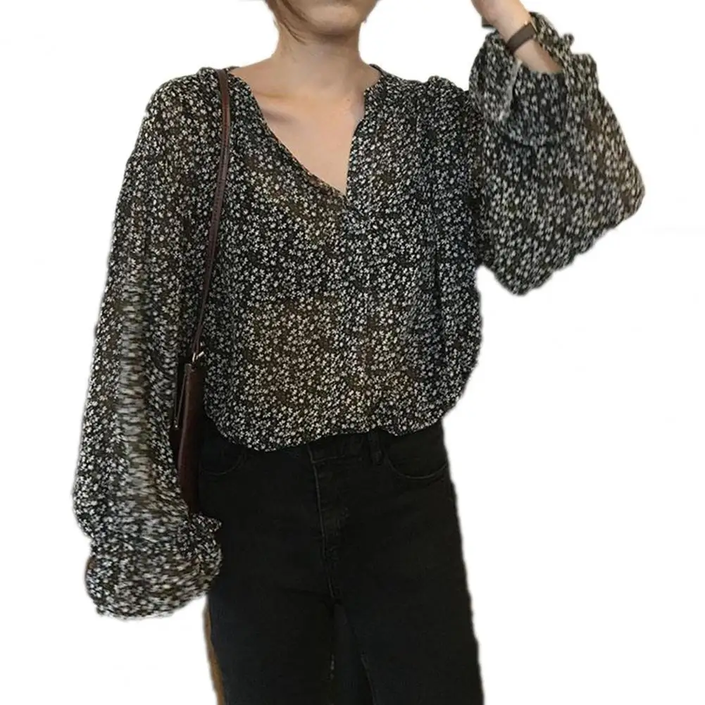 

Women Autumn Long Puff Sleeve V Neck Floral Print Chiffon Shirt Loose Blouse Top