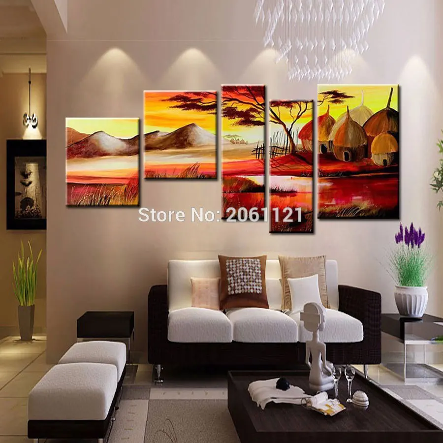 

5 panel Hand wall art irregular africa oil painting on canvas abstract african tribe life landscape picture on the wall decor