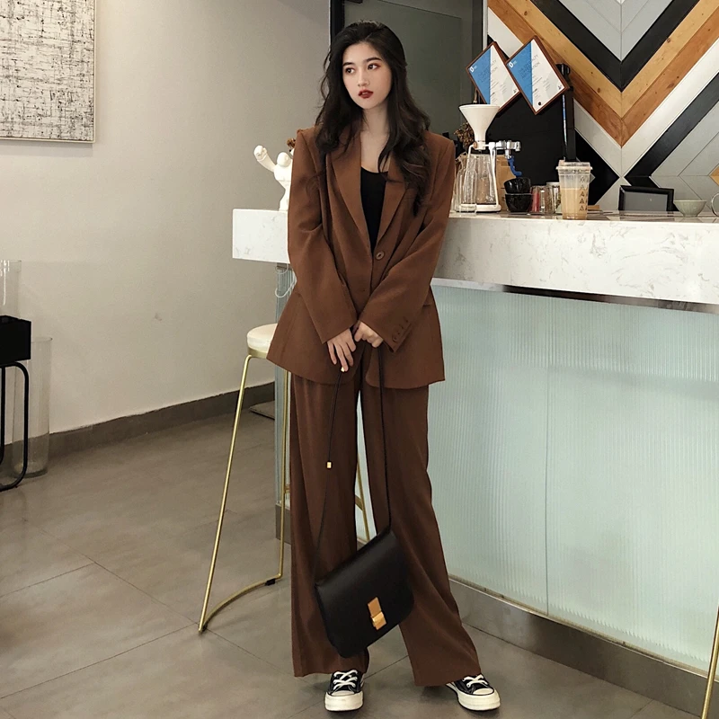 khaki MinuoYi Женский комплект из двух предметов, корейский Повседневный однотонный однобортный черный костюм с длинным рукавом+ брюки, Женский блейзер, набор, осень - Цвет: khaki
