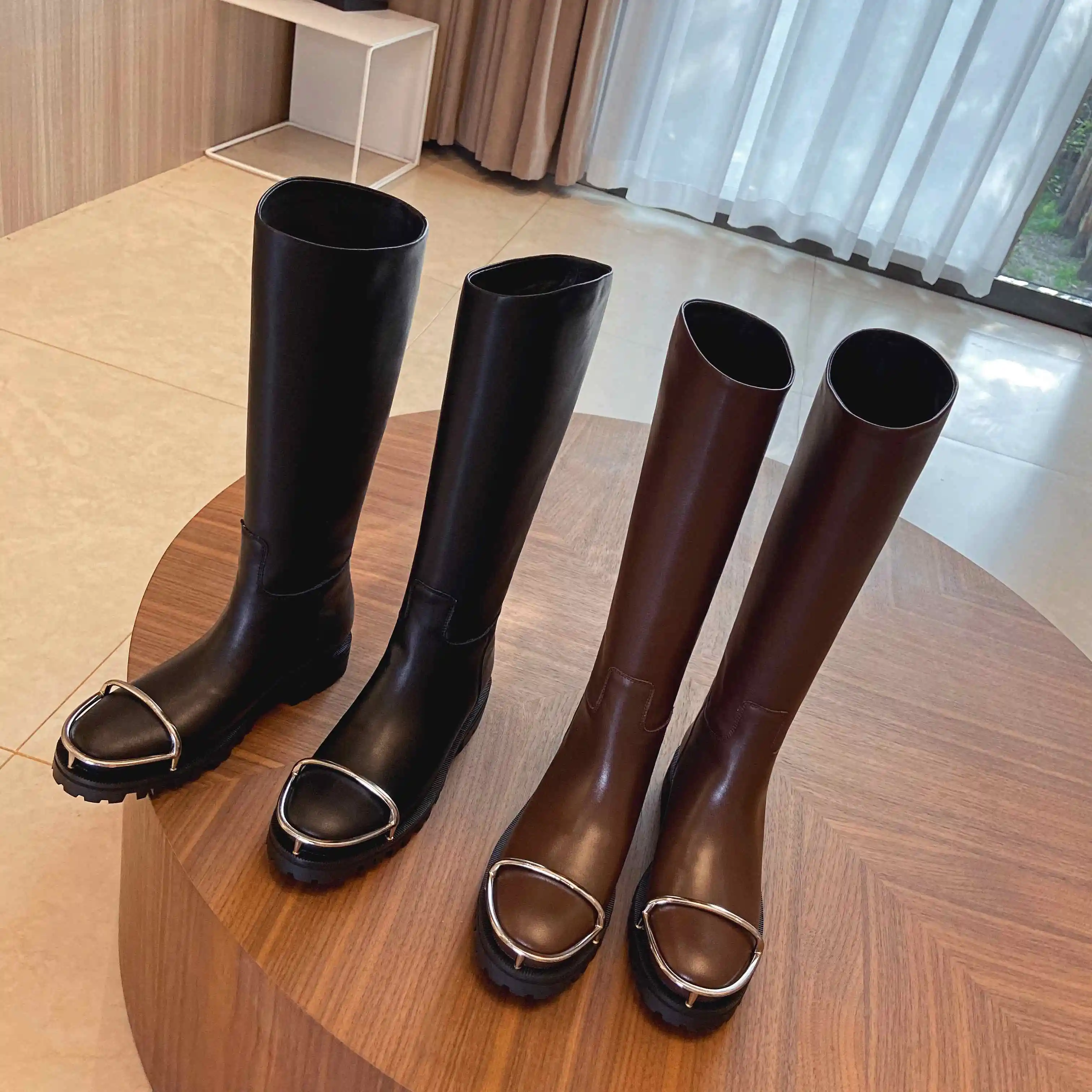

Krazing pot equestrian boots real leather mixed colors platform thick med heel round toe slip on superstar knee high boots L83