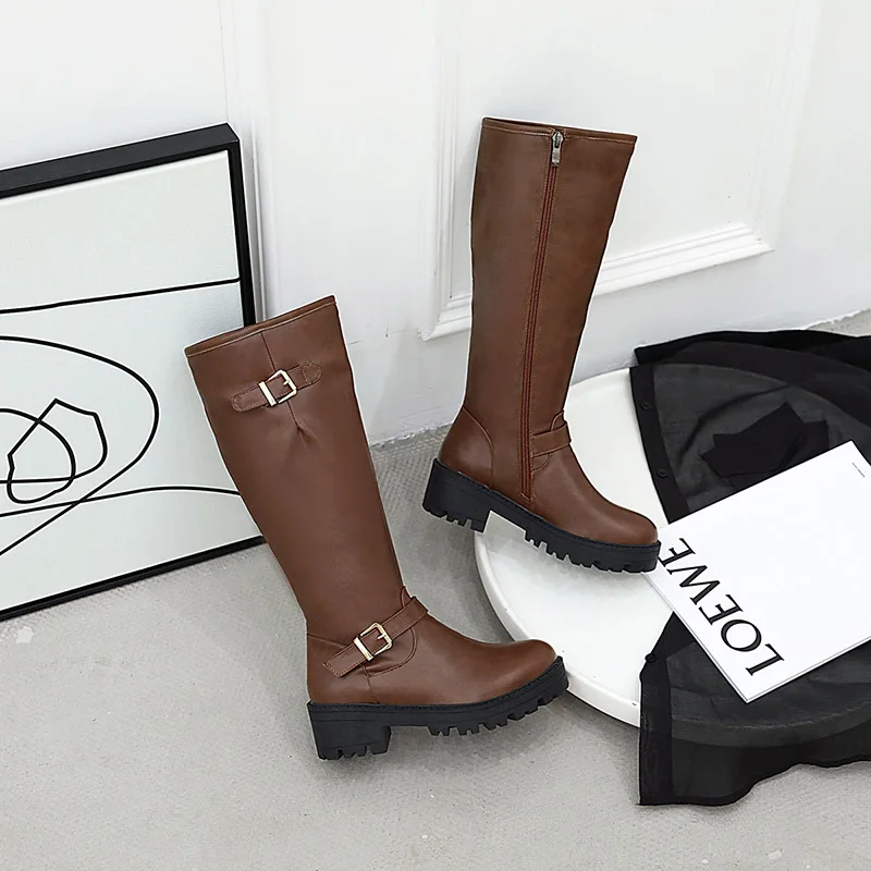 JK Motorcycle Boots Women Platform Knee High Boot Ladies Round Toe Shoes Female Thick Heels Winter 2020 Big Size 46 | Обувь