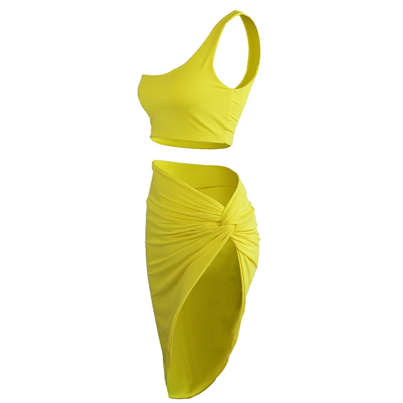 

2021 Spring Summer New Solid Color Women Sexy One Shoulder Sleeveless Camisoles Folds Splicing Two Piece Suit Irregular Dress