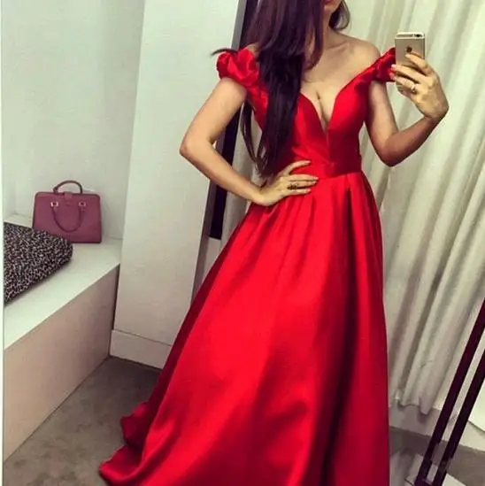 

Elegant Taffeta deep V Neck Cap sleeve Red Long Saudi Arabia party prom gown vestido de noiva robe de soiree bridesmaid dresses