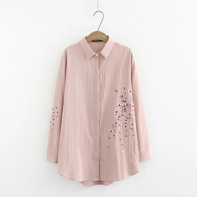 

Plus Size White Pink Women Blouse Long Sleeve Cotton Embroidery Blouse Lady Casual Design Turn Down Collar Female Shirt XL-4XL
