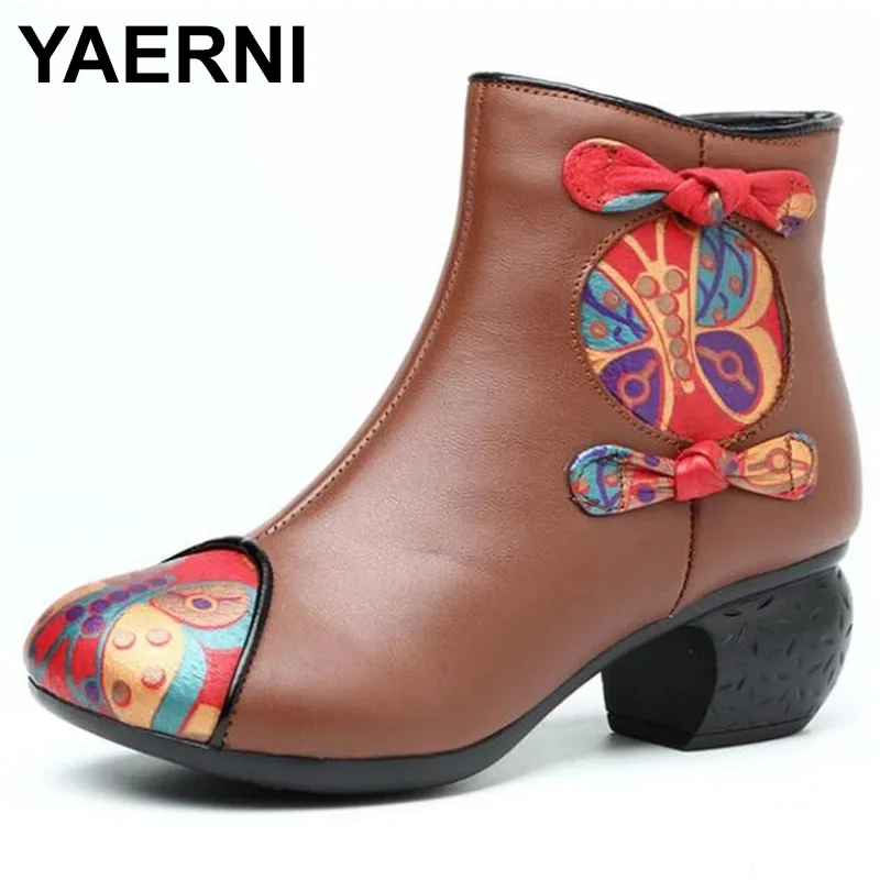 

YAERNI 2021 Vintage Mid-calf Boots Women Shoes Genuine Leather Plush Fur-lined Motorcycle Boots Winter Autumn Boot Boats Mujer