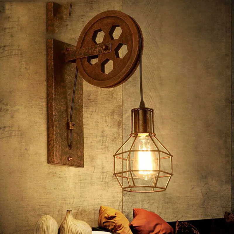 

Home Sconce Light Loft Retro Wall Lamp Lifting Pulley Wall Light Vintage Industrial Style Iron Lanterns Suspension Pendant Light