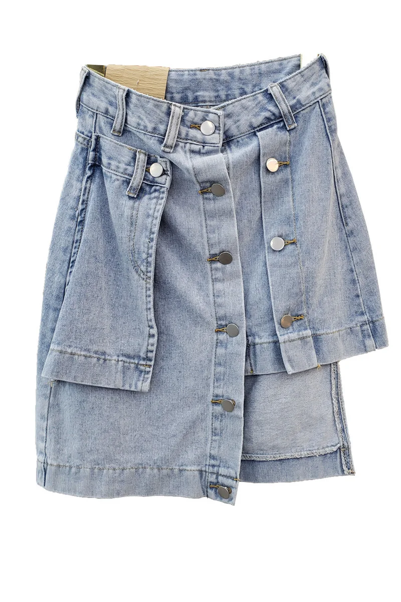 

Korea Chic Casual Fashion Single-breasted Irregular Stitching High Waist Loose Blue Denim Skirt Women Summer 2021 E556