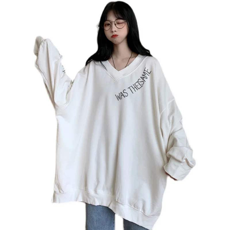 

Autumn Women Sweatshirts Oversized Streetwear Casual Letter V-Neck Fashion Vintage Clothes Aesthetic Long Sleeve Pullover Tops