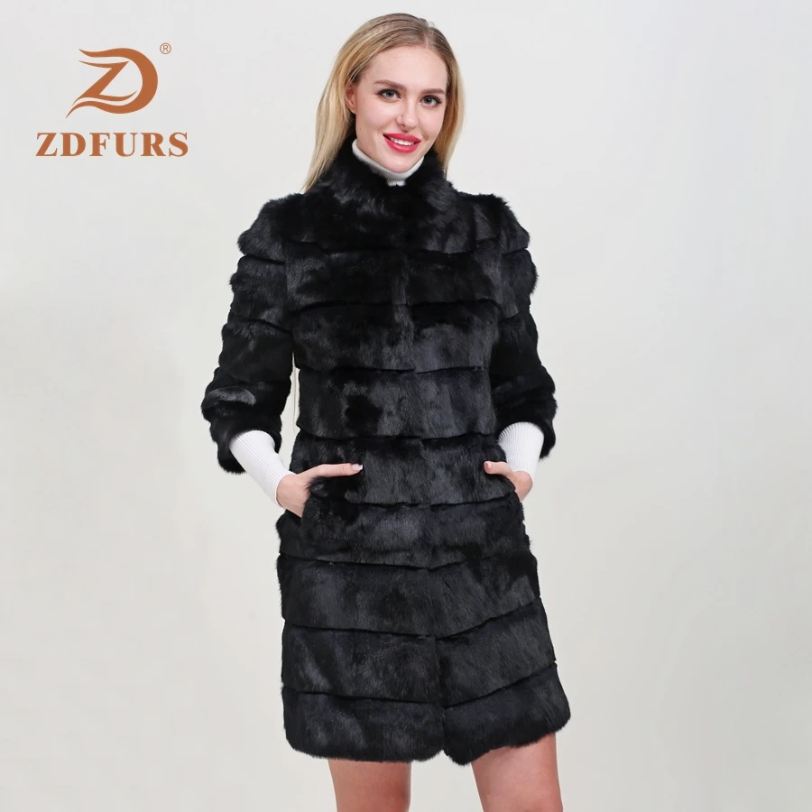 ZDFURS* 2019 New Winter Real Rabbit Fur Jacket Warm Soft Long Fur Coat Women Rabbit Fur Coat Detachable Overcoat Jacket