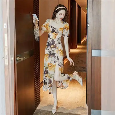 

Women 2021 Summer Fashion Short Sleeve Chiffon Dress Female New Print Split Vestidos Ladies Square Collar A-Line Dresses L25
