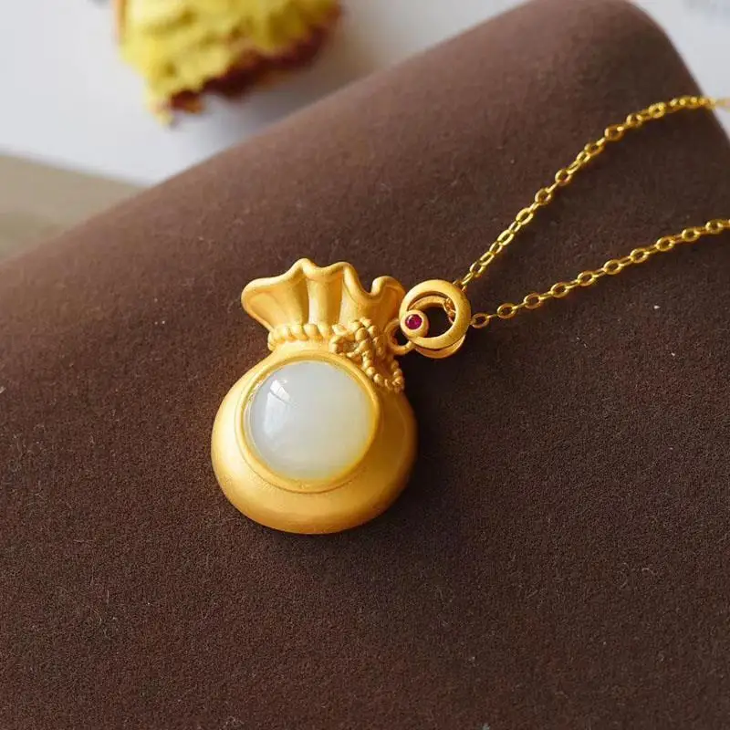 

S925 Sterling Silver Inlaid Hetian Jade Purse Necklace Pendant Gilding Craft Simple and Elegant Meaning Amass Fortunes