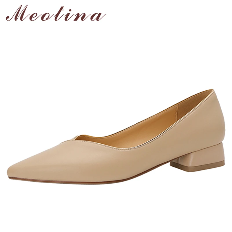 

Meotina Shoes Women Genuine Leather Mid Heel Shoes Roman Style Pointed Toe Pumps Thick Heels Footwear Spring Black Nude 33-40