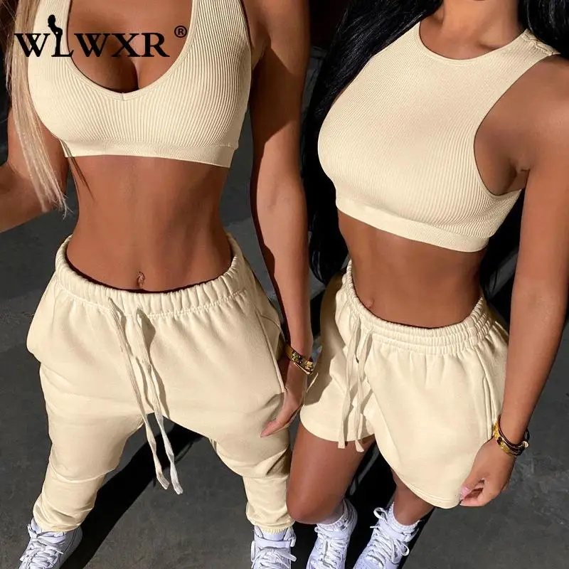 WLWXR Spring Backless Black Tracksuit Womens Clothing 2 Two Piece Sets Outfits For Women Crop Top Long Pants Set Suits Sweatsuit