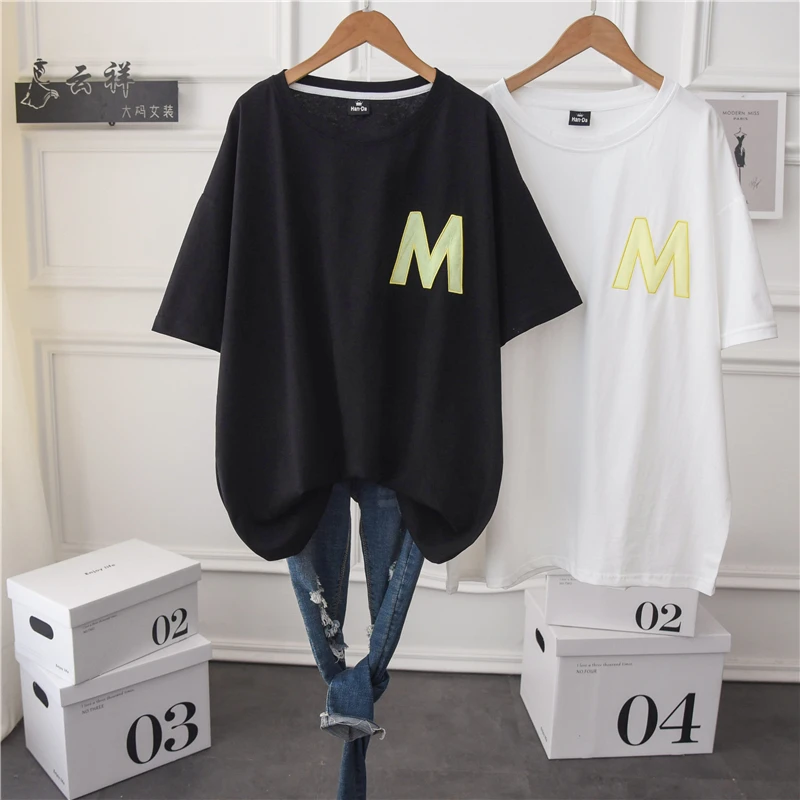 

2021 Summer New Women Cotton T-shirt Ins Popular Korean Style Plus Size Top Loose Short Sleeve Mid-Length Simple Tee