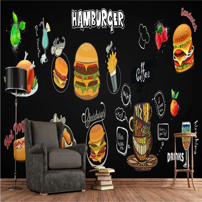 

Custom Hamburger Fast Food Wall Paper Papel De Parede 3d Restaurant Snack Bar Industrial Decor Background Mural Wallpaper 3D