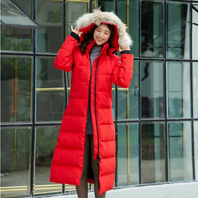 

Новый Зимний высококачественный пуховик в канадском стиле на заказ, очень длинное женское теплое приталенное пальто с модным воротником