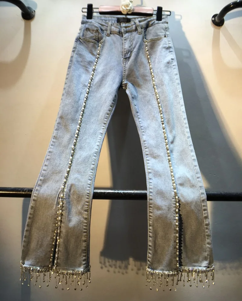 

Industry Beads Tassels Diamond High-waisted Slim Fit Flare Jeans Women Spring Denim Trousers Fashion Jeans Pants Students