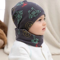 2pcs baby hat scarf set autum and winter outdoor warm cotton print adjustsble kids cap childrens cartoon scarf hat set