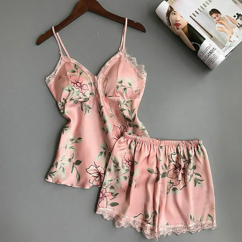 Pink Pajama Set Printed Floral Sleepwear Pijama Sexy Lace Womens Clothing V-neck Nightwear Pyjamas Short Plus Size 2020 | Женская одежда