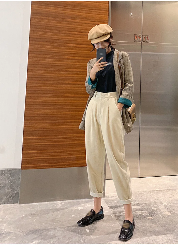 Winter Corduroy Pants Women Autumn High Waist Pockets Trousers Women Plus Size Streetwear Harem Pants Pantalon Femme
