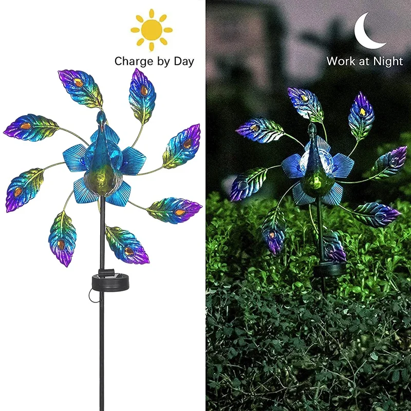 

Peacock Solar Light Wind Spinner, Creative Solar Powered Colorful LED Windmill,Outdoor Lawn Patio Pathway Ornament