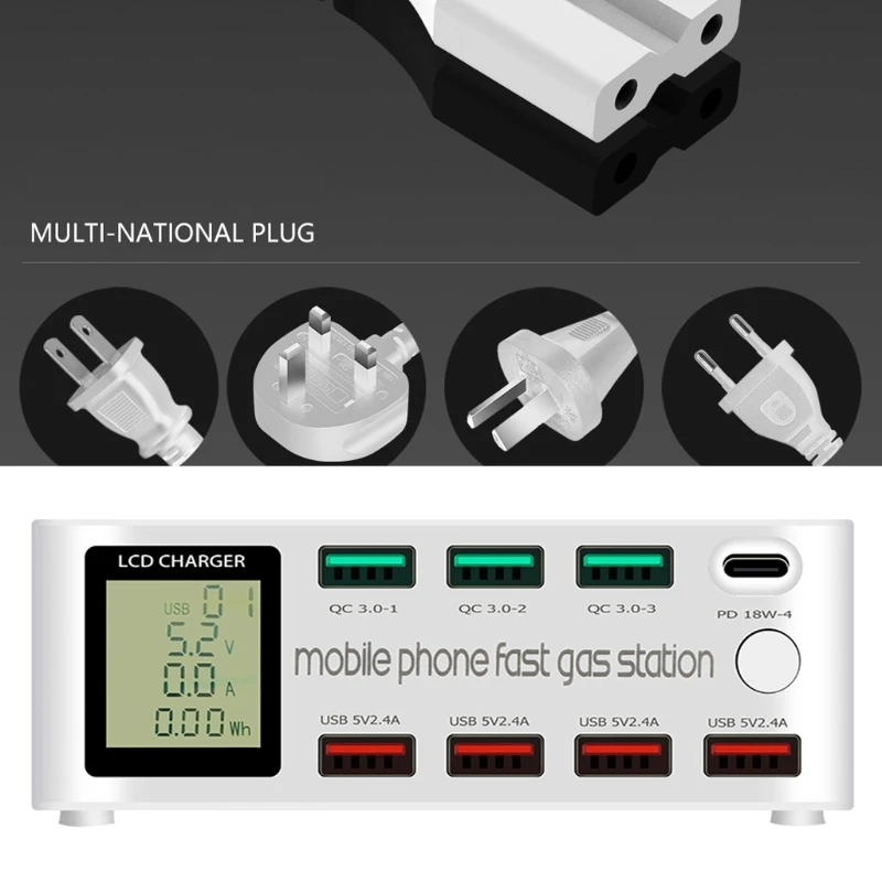 

8-Port QC3.0 USB /Type C PD Fast Charger Smart LCD Display for Cellphone Tablet