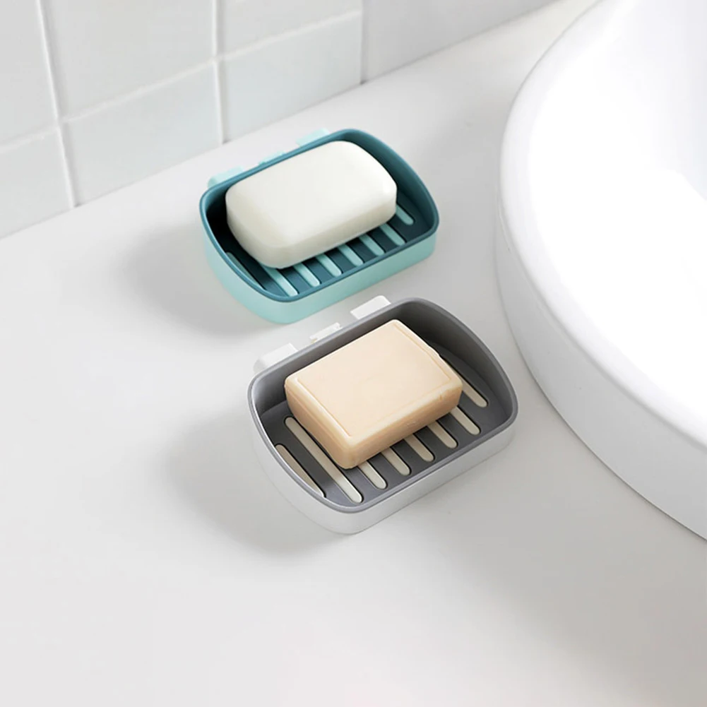 

Wall Mounted Drain Soap Dish Self Adhesive Soap Sponge Dish No Drilling Storage Box Rack Shelf Double Tier Holder For Bathroom