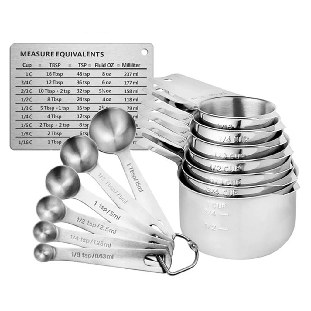

14Pcs Stainless Steel Measuring Cups and Spoons Set Stacking and Scale plate