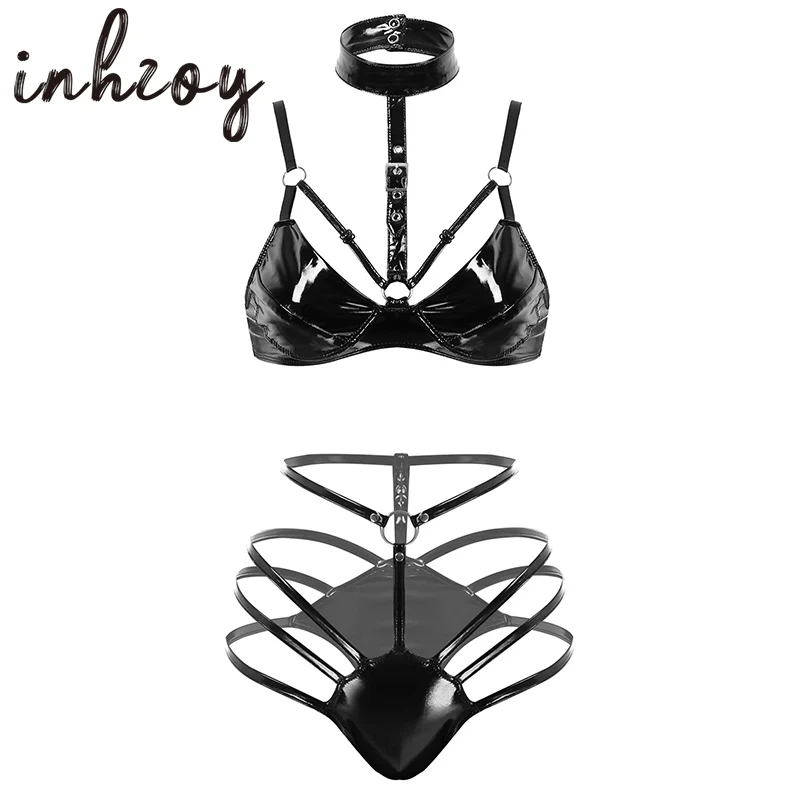 

Sexy Wet Look Patent Leather Latex Costume Halter Bikini Bra Tops with Caged Strap Panties Women's Underwear Erotic Lingerie Set