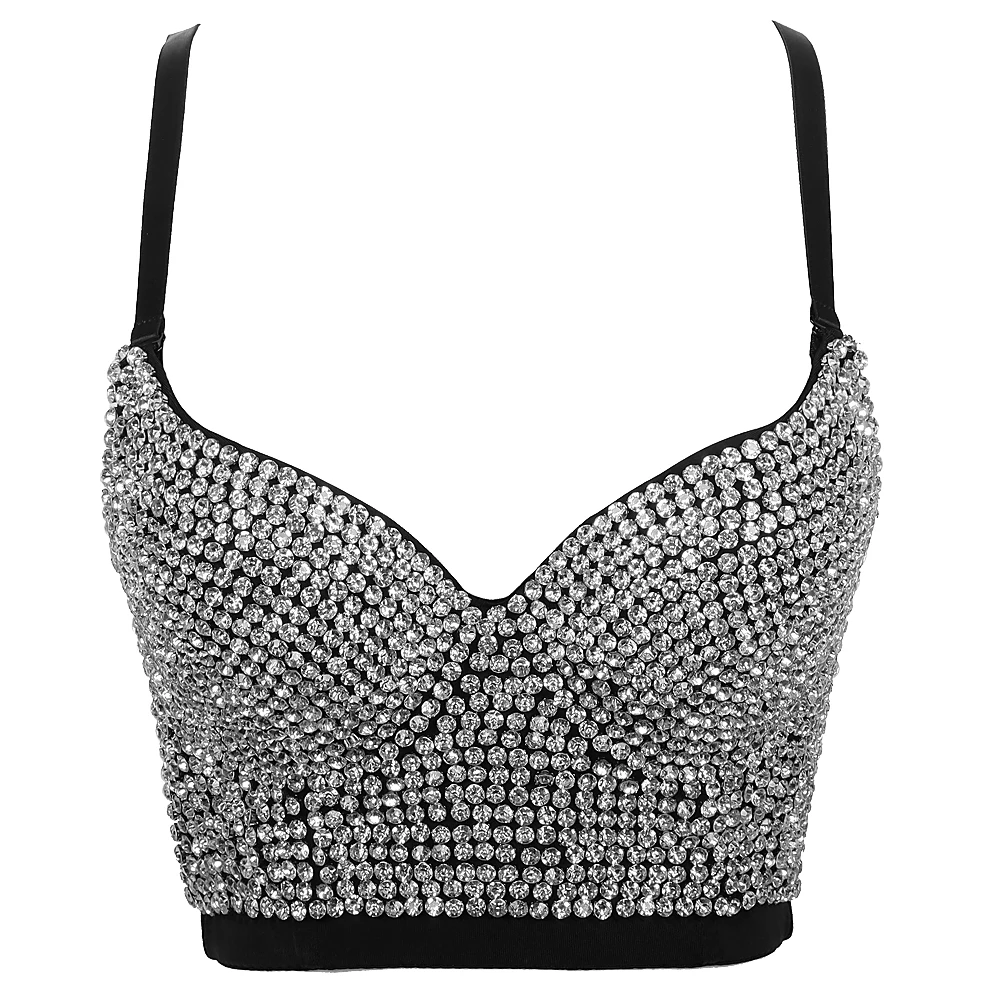 Rhinestone Top Rave Festival Clothing Glitter Bustier Silver Sexy Crop Top Party Night  Diamond Christmas Clothing DB900