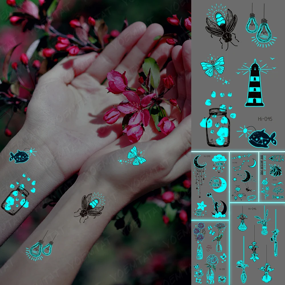 

Blue Luminous Glow Tattoo Sticker Firefly Moth Waterproof Temporary Tatoo Light Finger Wrist Fake Tatto For Body Art Women Men