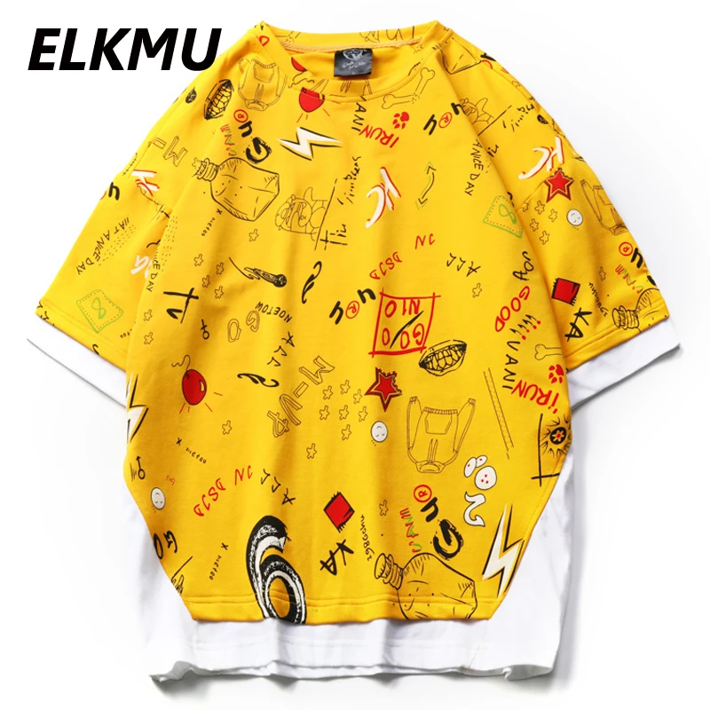 

Футболка ELKMU мужская с принтом граффити, уличная одежда в стиле Харадзюку, хлопковая рубашка с коротким рукавом, желтая, на лето HM1918