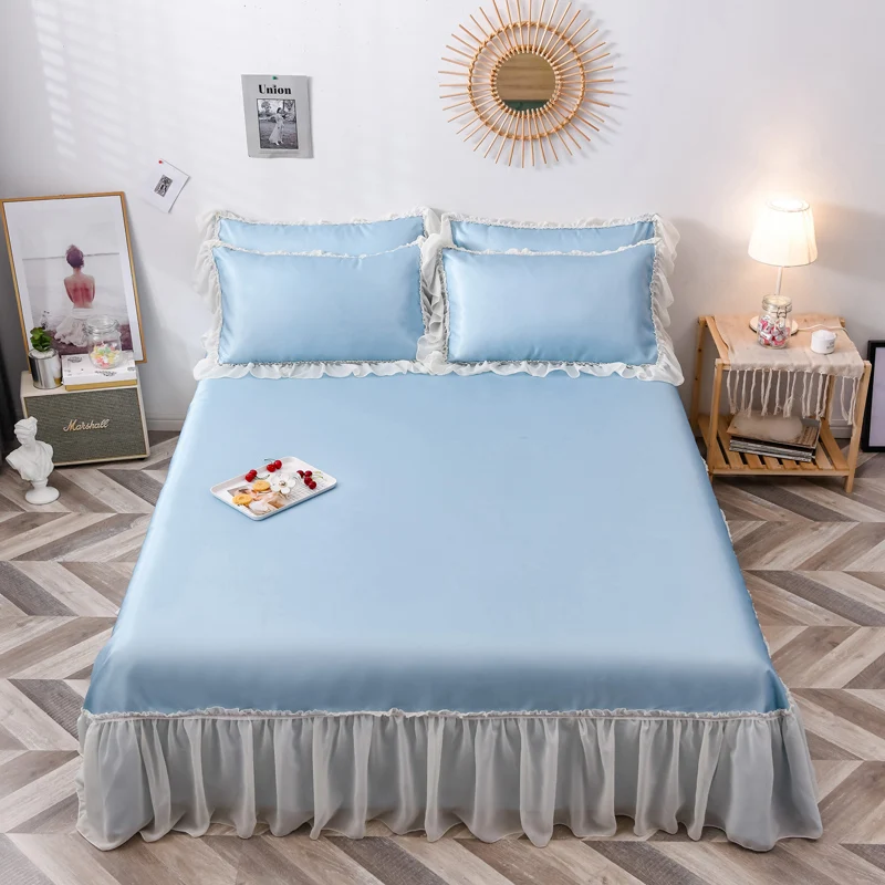 

2/3pcs New Sweet Lace Bed Sheet Set Summer Cool Viscose Mattress Cover Pink Blue Bedclothes For 1.2/1.5/1.8m Decor Home Textile