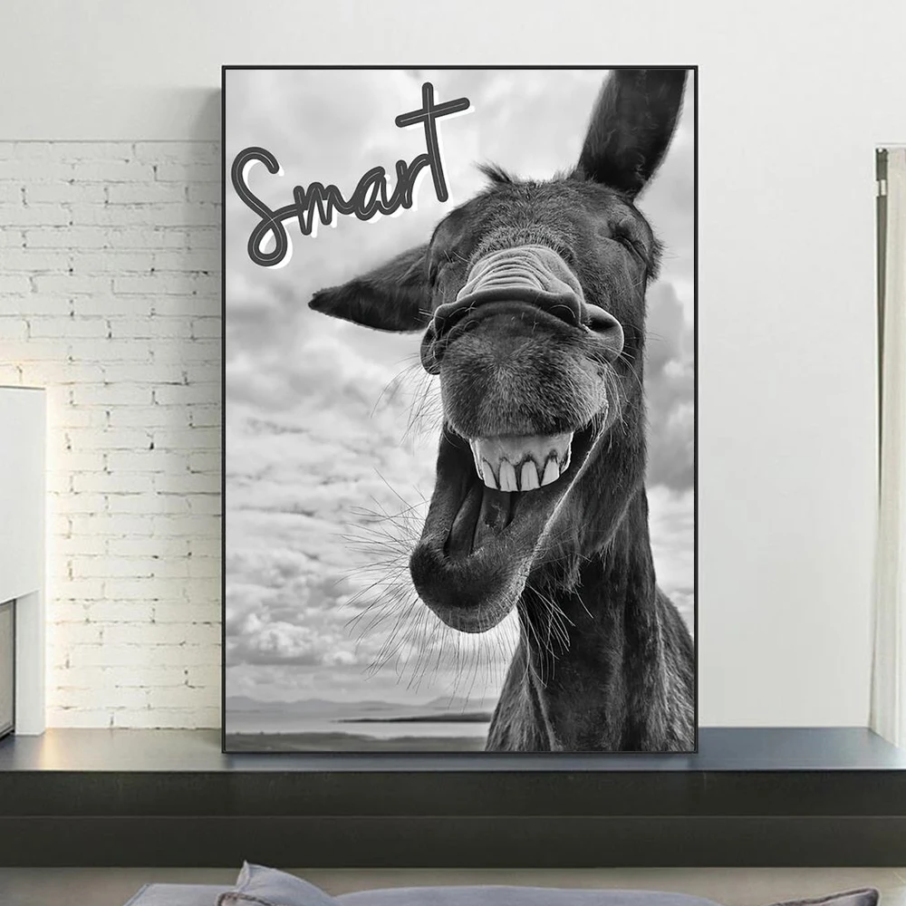 

Black And White Animal Photo Of Yawning Donkey Wall Art Poster Modern Home Decor Accessories For Living Room Canvas Painting