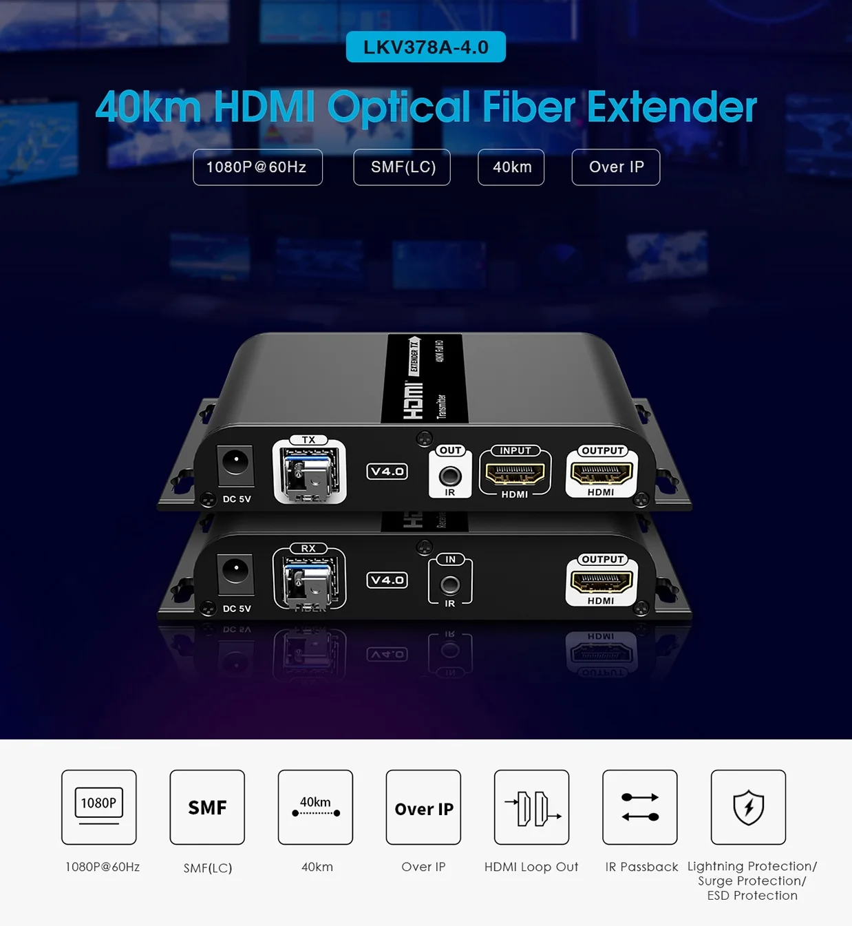 LKV378A-V4.0 HDMI-совместимый удлинитель с одномодовым оптическим волокном SMF(LC) до 40 км