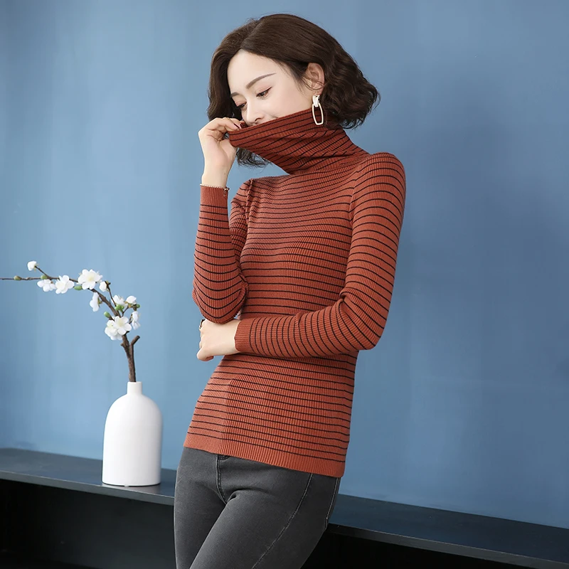 Women Turtleneck Cashmere Sweaters Elegant Lady High Collar Striped Slim Basic Sweater Pullovers | Женская одежда