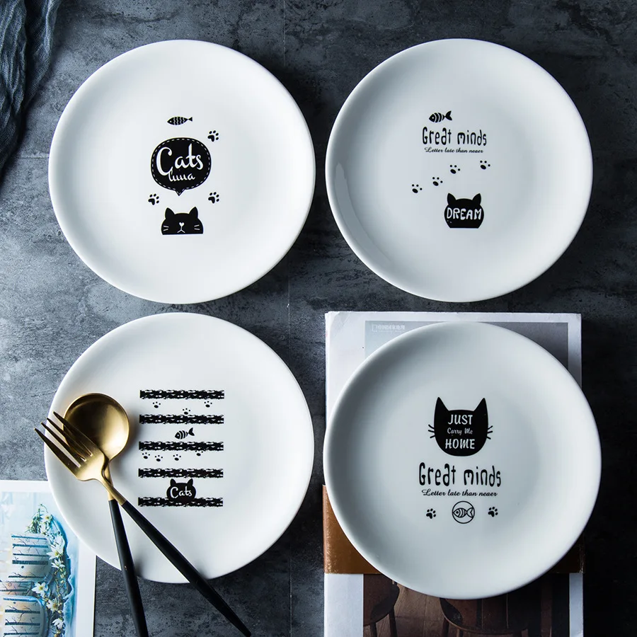 

20cm Cartoon Round Ceramic Plate Cute Black Cat Glazed Porcelain Dinner Plate Breakfast Dessert Dishes Steak Fruit Tray