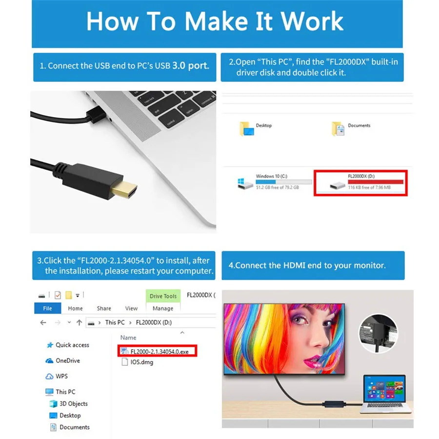 USB HDMI Кабель USB3.0 к hdmi конвертер шнур плоский провод HD кабель для ПК ноутбука