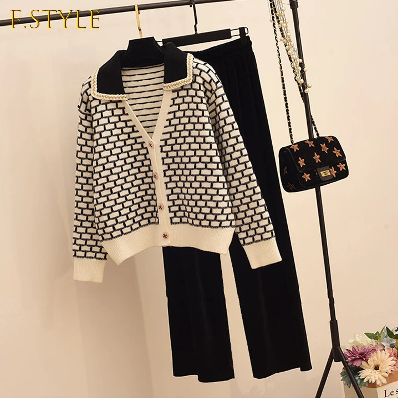 

2021 New Sweetwear Two Piece Sets Women Geometric Patterns Knitting Cardigans Sweater + Elastic Wide Leg Long Pants Suits Lady