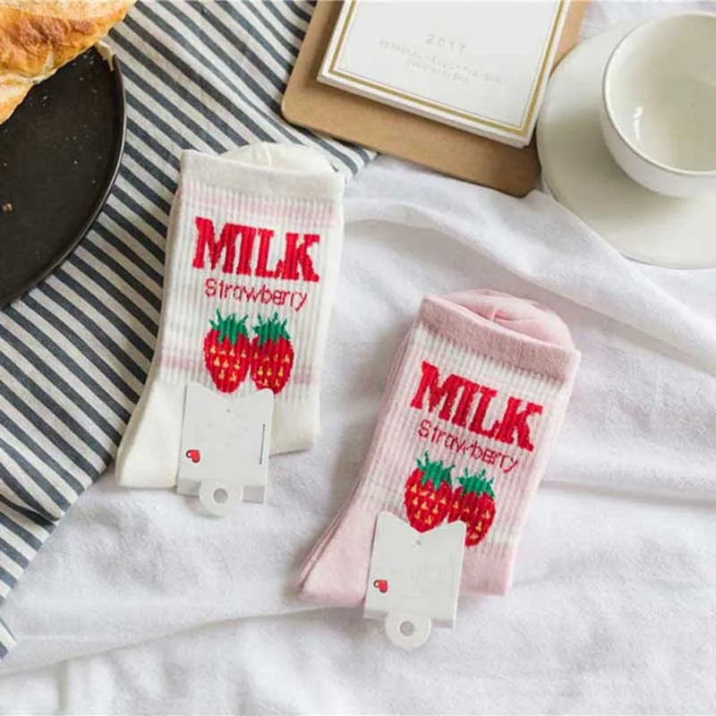 Japanese Harajuku Funny Kawaii Jacquard Cute Fruit Strawberry Milk Pinky/White Women Socks Creative Calcetines Mujer Skarpetki | Женская