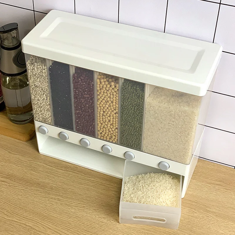 

Dispenser Rice Wall-mounted Dry Food Bucket Multi Compartments Automatic Metering Storage Box Sealed Grain Container 201