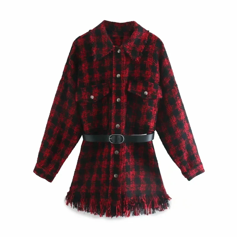 

Retro women red houndstooth oversized tweed jacket fall plaid wool blend coat belted tassel checked outerwear chaqueta mujer