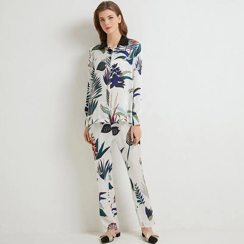High-grade 100% Natural Silk Women's Pajama Set Plant Printing Real Silk Sleepwear Ladies 2PCS Genuine Silk Pijama Mujer